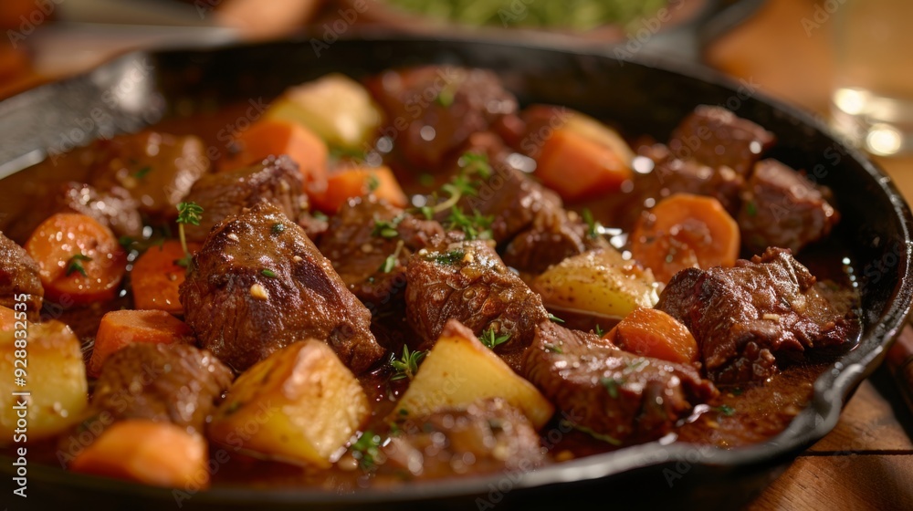 Tender chunks of beef, carrots, and potatoes simmer in a rich sauce, served warm in a cast iron skillet on a wooden table. Tender chunks of beef, carrots, and potatoes simmer in a rich sauce, served warm in a cast iron skillet on a wooden table.