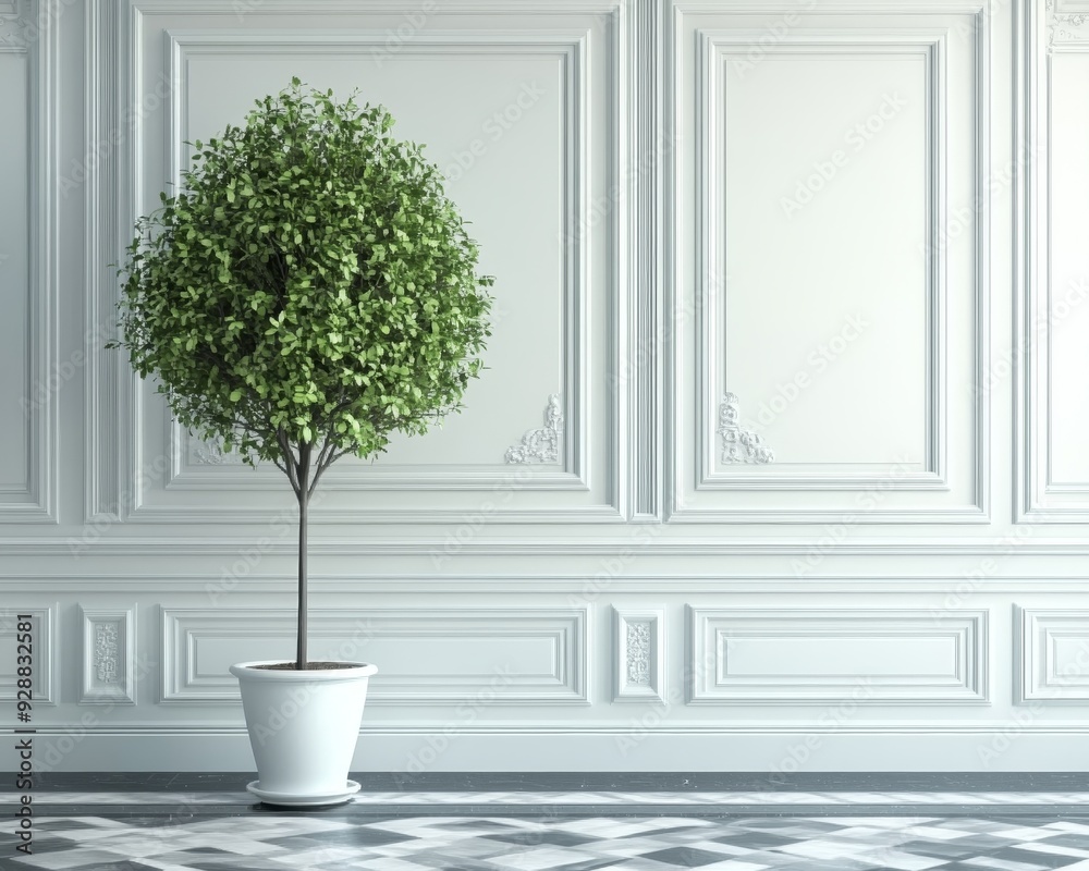 Fototapeta premium Minimalist Green Plant in White Room A LowAngle View of a Lush Green Plant in a White Pot Standing Against an Elegant White Paneled Wall