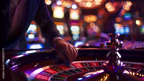 A close-up shot of a hand placing a chip on a roulette table in a casino. photo