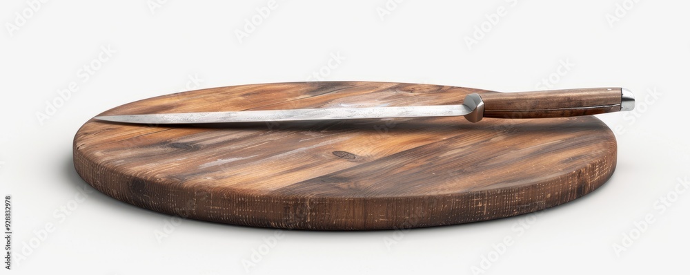 Wooden cutting board with knife on white background, 4K hyperrealistic photo Wooden cutting board with knife on white background, 4K hyperrealistic photo