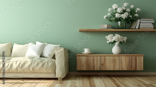 Low Angle View of a White Couch with Wooden Shelves and Flowers in a Green Room