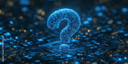 Intricate blue digital landscape featuring a glowing question mark symbol on a high-tech circuit board background, representing technology, data security, and the search for answers in the digital wor