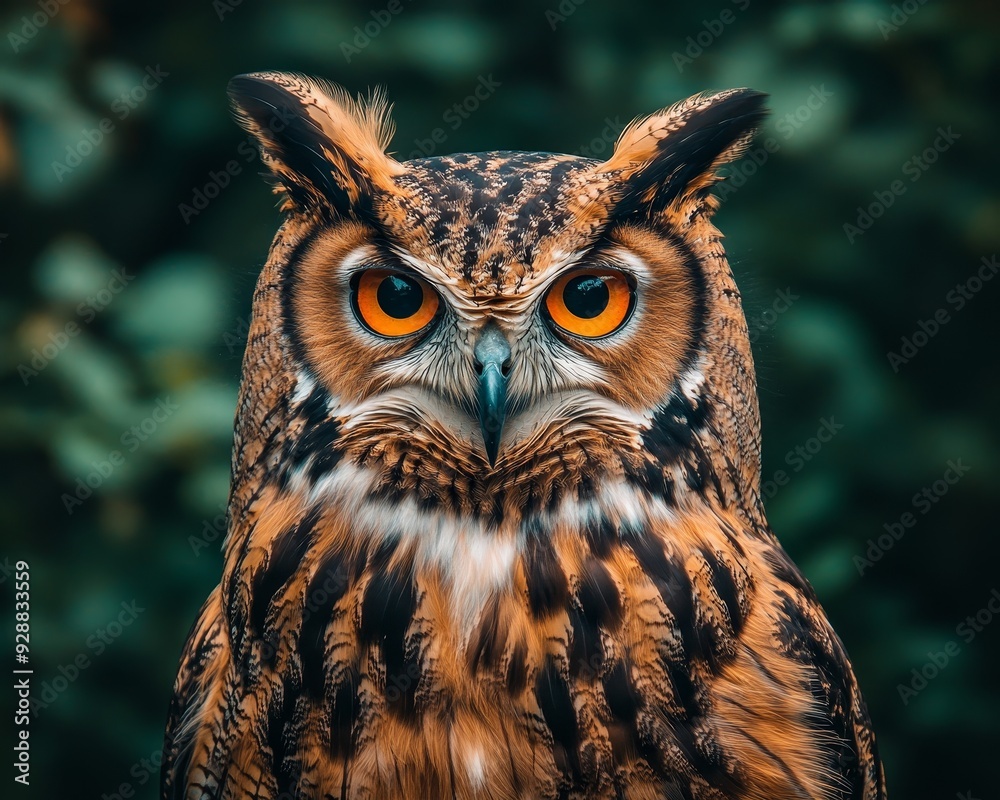 Intense Gaze A CloseUp of an Owl with Sharp Orange Eyes and Detailed Feathers Against a Blurred Green Background Intense Gaze A CloseUp of an Owl with Sharp Orange Eyes and Detailed Feathers Against a Blurred Green Background