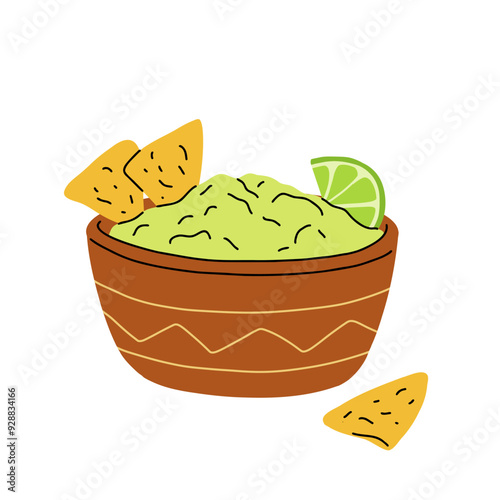 Guacamole. Traditional Mexican food - sauce guacamole with nachos and lime slices. Vector illustration. Colorful Latin American national dish in flat style