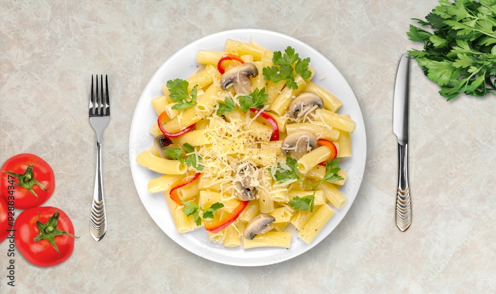 Tasty fresh pasta with sauce and cheese Tasty fresh pasta with sauce and cheese