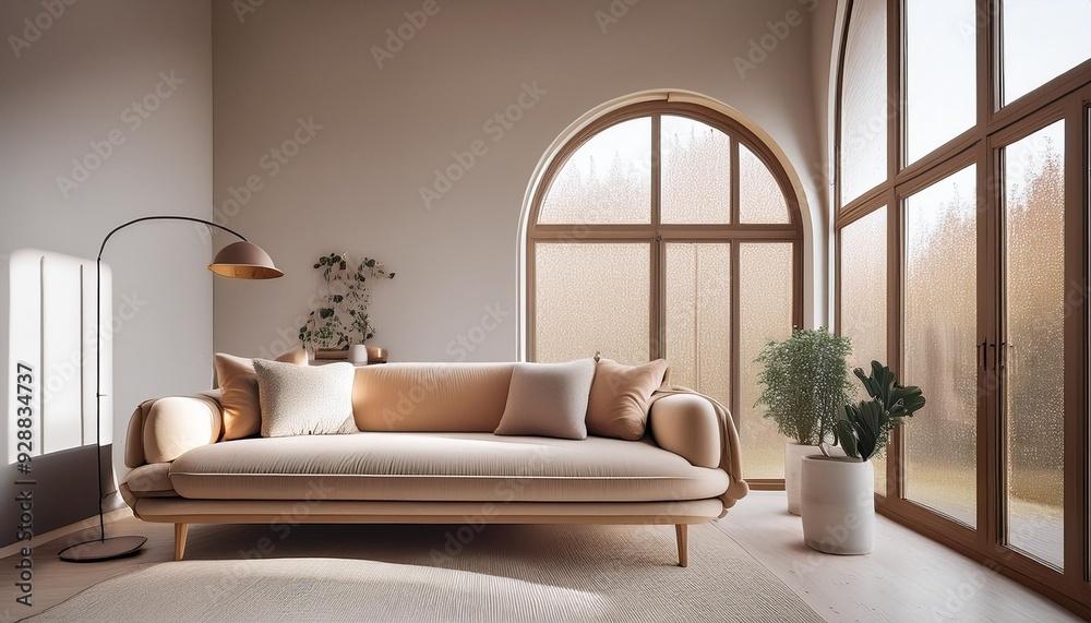 Minimalist Interior Design with Beige Sofa and Arch Window Minimalist Interior Design with Beige Sofa and Arch Window