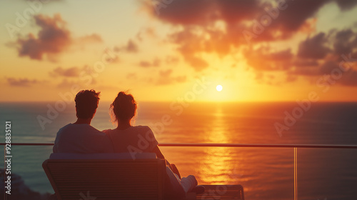 Image of a couple enjoying a quiet moment on a balcony, watching the sunset over the ocean, with a soft breeze blowing through their hair,