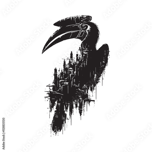 silhouette of Hornbill filled with destroyed futuristic dystopia environment in rough drawing