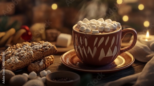 A cozy arrangement features a steaming cup of hot chocolate filled with marshmallows beside a cookie on a rustic table, illuminated by soft, warm lights.