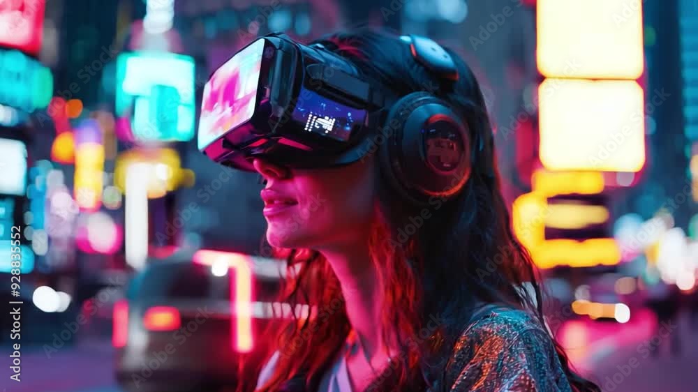A young woman engages with virtual reality in a colorful urban environment after dark. A young woman engages with virtual reality in a colorful urban environment after dark.