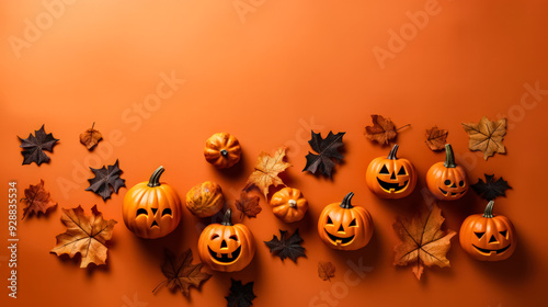 A row of pumpkins and leaves on a table. The pumpkins are orange and have faces on them. Scene is festive and autumnal