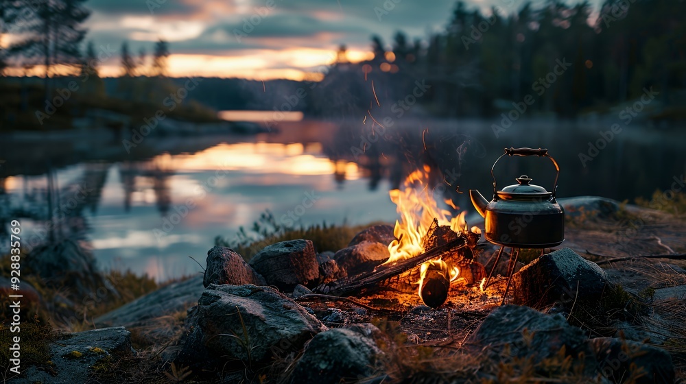 A kettle boils over a campfire by a lake in the wilderness, with the setting sun reflecting off the water. A kettle boils over a campfire by a lake in the wilderness, with the setting sun reflecting off the water.