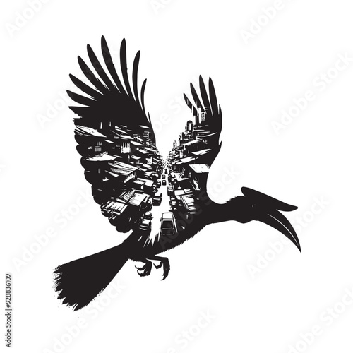 silhouette of Hornbill filled with ghetto street in rough drawing