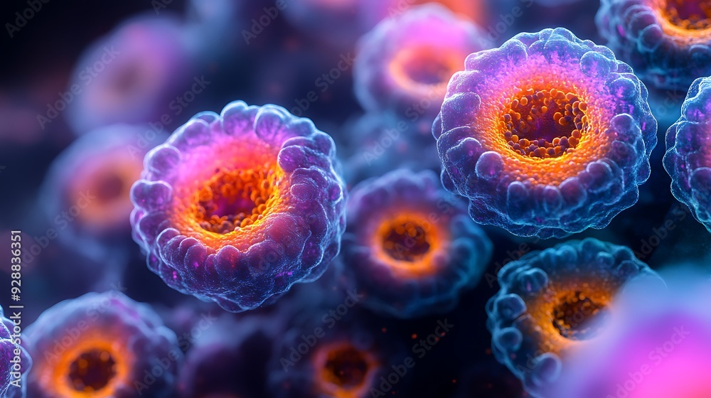Close-up of monkeypox virus cells under a microscope, vibrant colors highlighting the viral structure