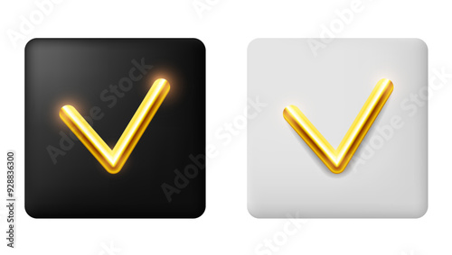 Check mark. Gold checkmark on a gray and black background. Vector clipart.
