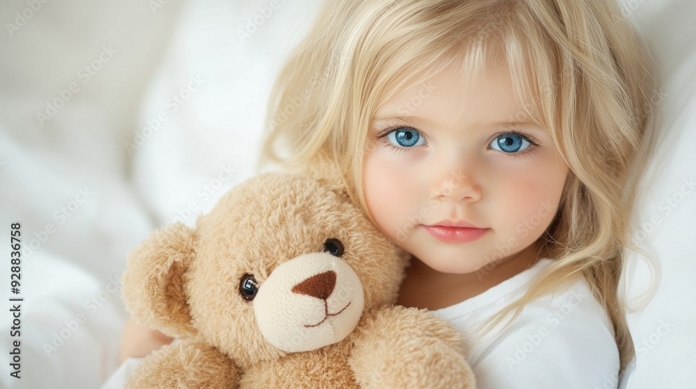 A beautiful blonde girl with bright blue eyes cuddling a fluffy teddy bear while sitting on a cozy white bed A beautiful blonde girl with bright blue eyes cuddling a fluffy teddy bear while sitting on a cozy white bed