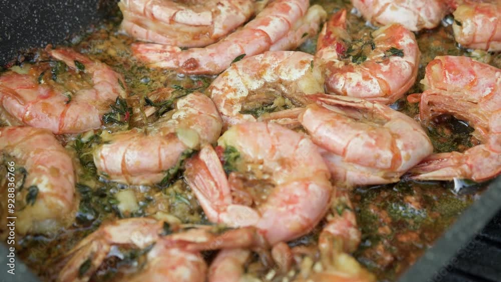 Red shrimps are cooked in boiling olive oil close-up top view. Red shrimps are cooked in boiling olive oil close-up top view.
