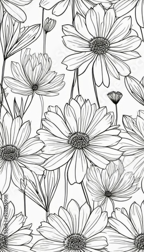 Wallpaper Mural Blooming summer flowers on white wallpaper coloring book. AI generated Torontodigital.ca