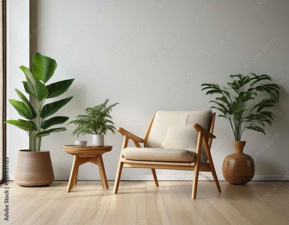 Minimalist Living Room with Wooden Chair and Plant Minimalist Living Room with Wooden Chair and Plant