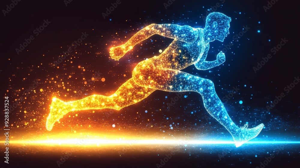 Fototapeta premium A glowing digital representation of a runner in mid-stride.