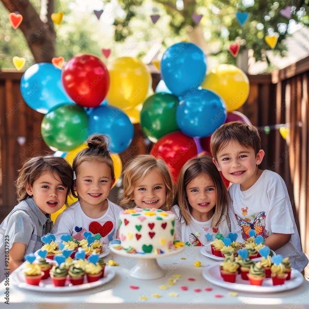 Joyful children celebrate a vibrant birthday party in a backyard filled with balloons and colorful treats Joyful children celebrate a vibrant birthday party in a backyard filled with balloons and colorful treats