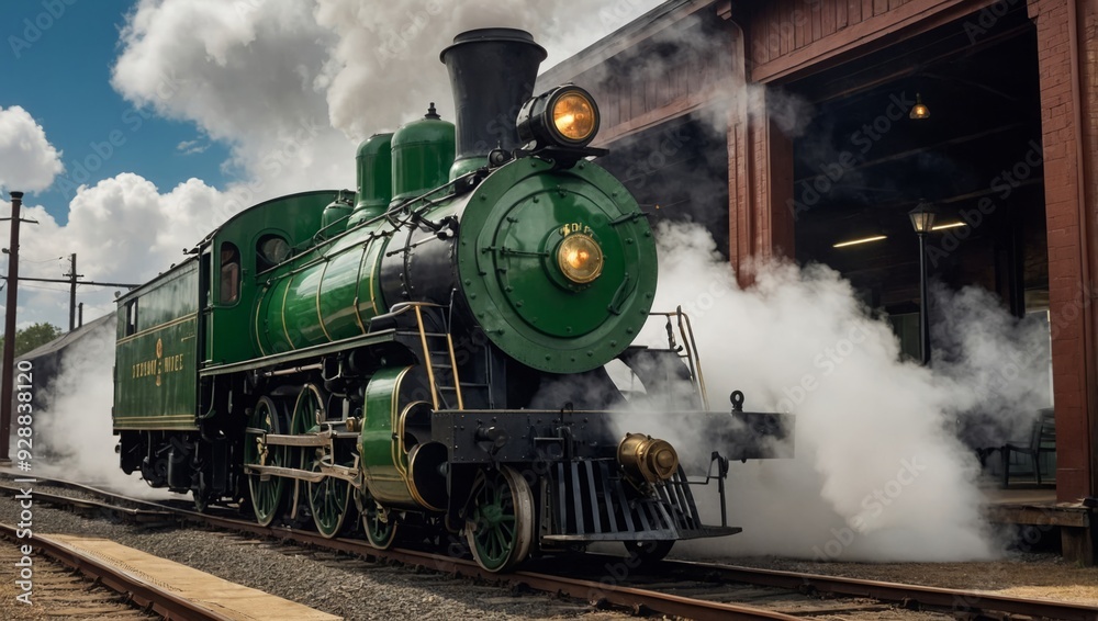 Fototapeta premium vintage green train in smoke