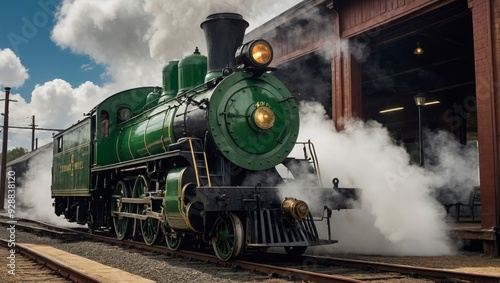 vintage green train in smoke
