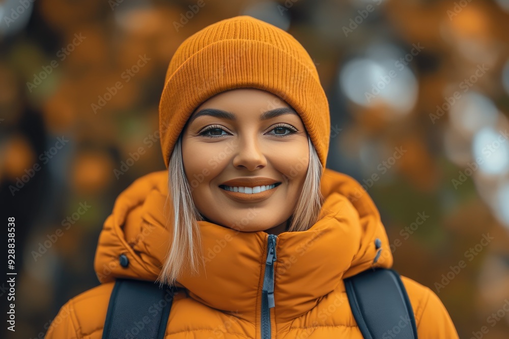 Girl wearing an orange winter jacket and hat with a smile in a forest during autumn Girl wearing an orange winter jacket and hat with a smile in a forest during autumn