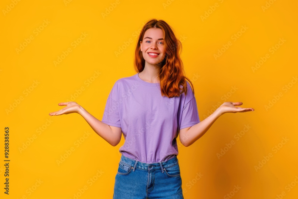 A joyful young woman celebrating against a vibrant yellow backdrop during a sunny afternoon A joyful young woman celebrating against a vibrant yellow backdrop during a sunny afternoon