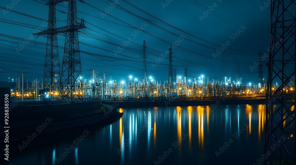 Fototapeta premium A city skyline with a bridge and lights reflecting on the water