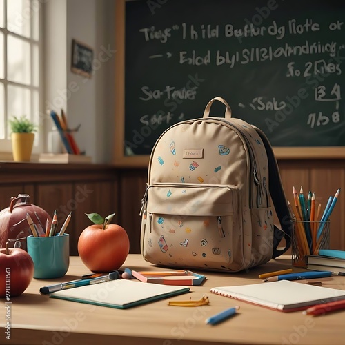 A colorful back-to-school scene with a decorated backpack, apples, notebooks, and pencils arranged on a wooden desk in a classroom. A chalkboard with writing in the background adds to the academic atm