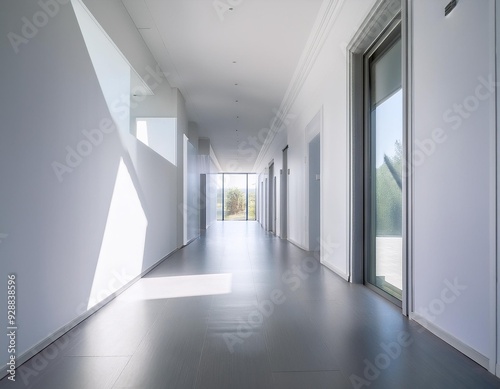 Minimalist White Interior Corridor With Sunlight Streaming Through