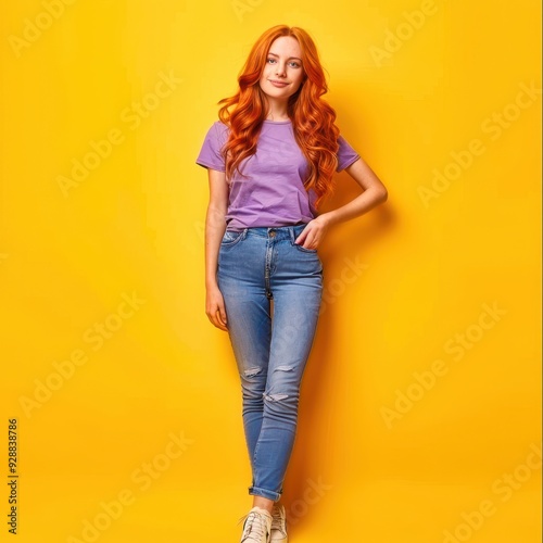 A confident young woman stands against a vibrant yellow backdrop, showcasing her bold style and self-assured expression