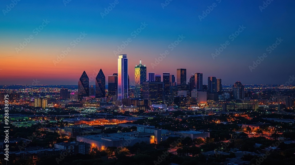 Fototapeta premium A vibrant city skyline at dusk, showcasing illuminated buildings against a colorful sky.
