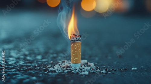 burning cigarette end with smoke on background