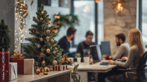 Office workers at desks with festive Christmas tree in background, holiday season in modern workplace with employees continuing productivity amid decorations