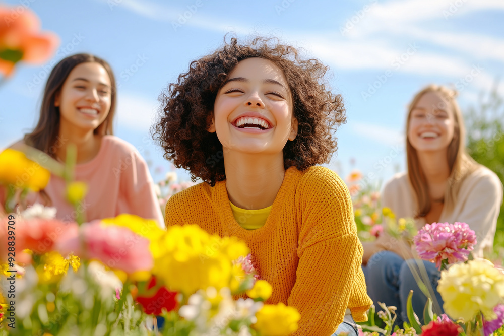 A group of friends enjoying a sunny day, surrounded by blooming flowers, with cheerful smiles in illustrator style A group of friends enjoying a sunny day, surrounded by blooming flowers, with cheerful smiles in illustrator style