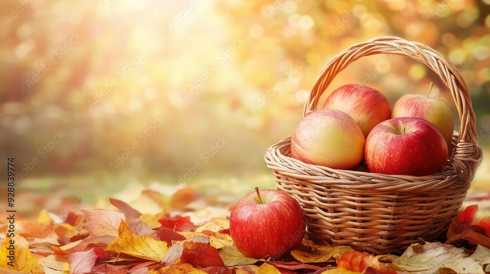 Autumn, autumn apples in basket on background with copy space. The generation of AI Autumn, autumn apples in basket on background with copy space. The generation of AI