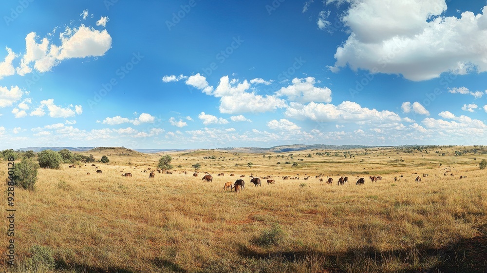 Herd of Wild Animals Grazing in the Savanna under a Blue Sky Herd of Wild Animals Grazing in the Savanna under a Blue Sky