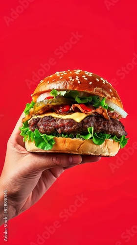 A delicious hand-crafted burger with fresh ingredients against a vibrant red backdrop