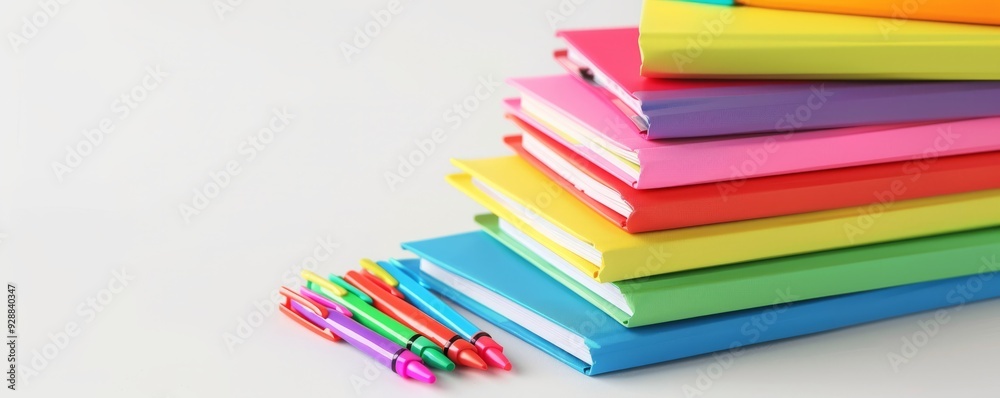 Stack of colorful notebooks with highlighters on white background, 4K hyperrealistic photo Stack of colorful notebooks with highlighters on white background, 4K hyperrealistic photo