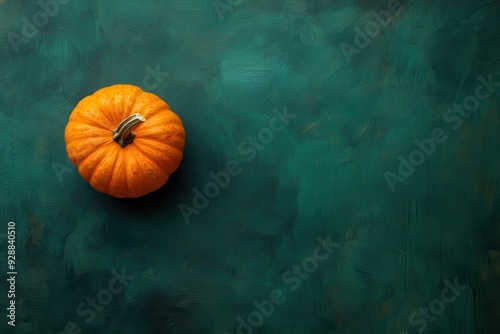 Fall-inspired background showcasing room for text. Gourd on rich emerald hue. Harvest motivation photo