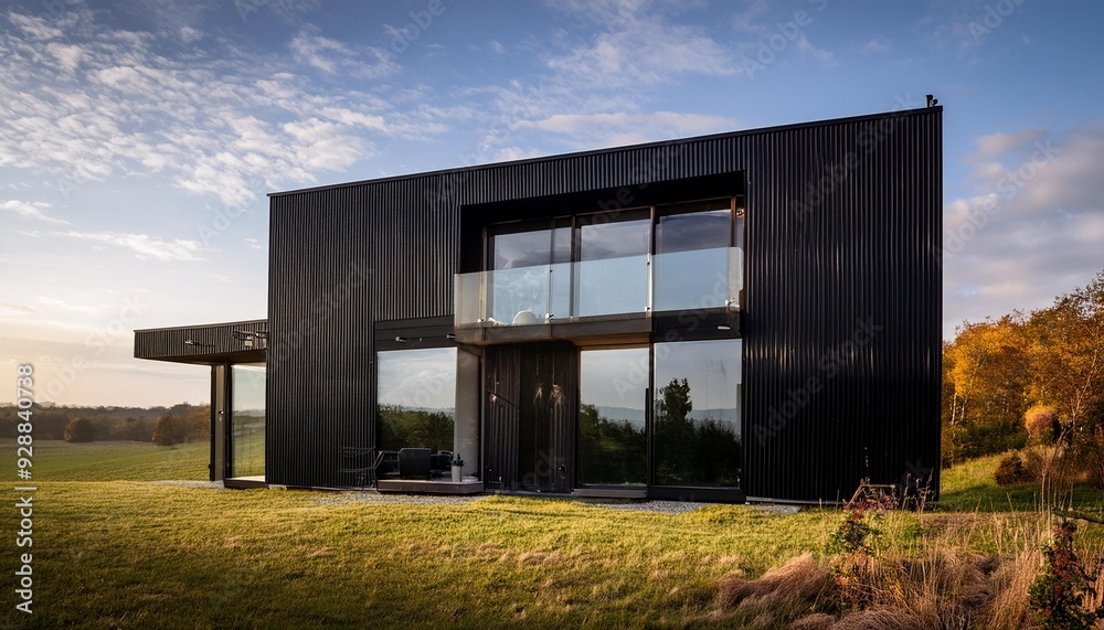 Modern Black House with Large Windows in a Field Modern Black House with Large Windows in a Field