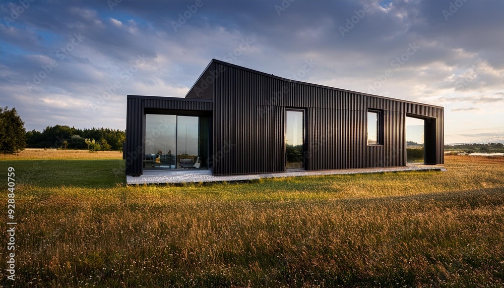 Modern Black House with Large Windows in a Field Modern Black House with Large Windows in a Field