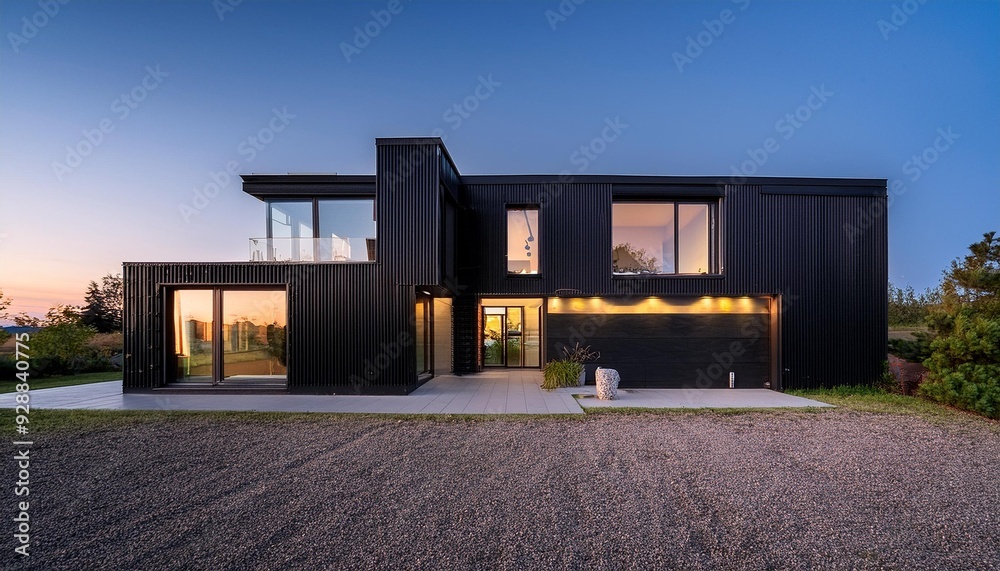 Modern Black House with Metal Siding and Large Windows at Dusk Modern Black House with Metal Siding and Large Windows at Dusk