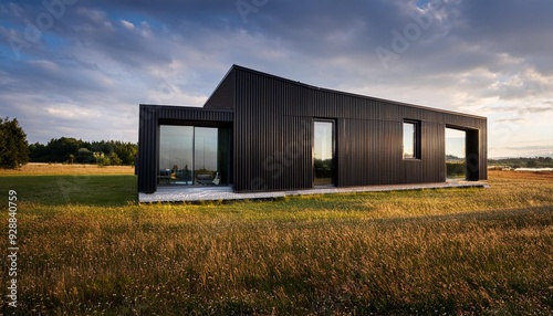 Modern Black House with Large Windows in a Field