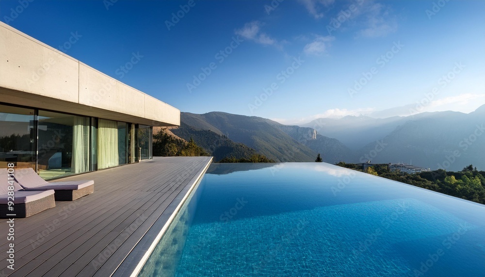 Fototapeta premium Modern Concrete House with Infinity Pool and Mountain View