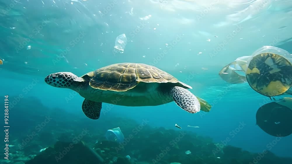 Graceful sea turtle navigating plastic waste in ocean Graceful sea turtle navigating plastic waste in ocean