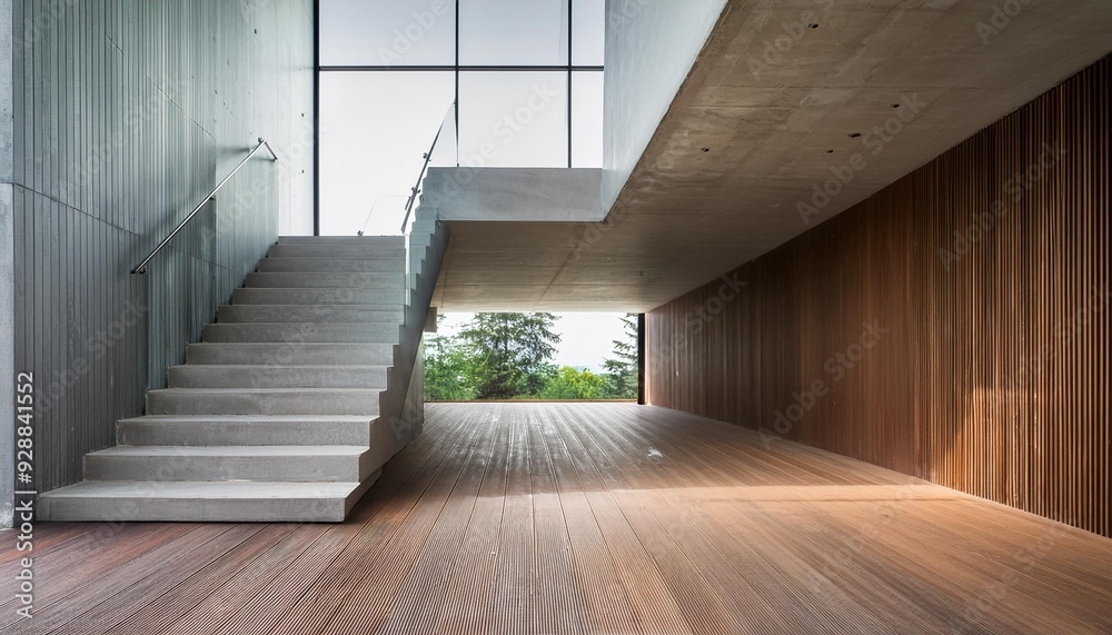 Obraz premium Modern Concrete Staircase and Wooden Floor in Minimalist Interior Design
