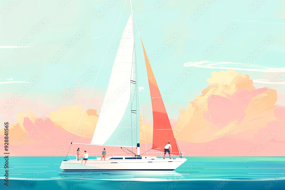 Naklejka premium Illustration of a sailboat with people sailing on calm waters under a pastel-colored sky.